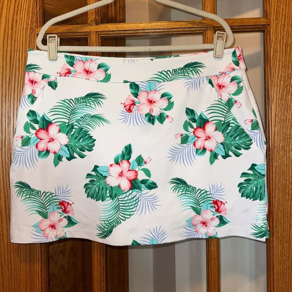 EUC TOMMY BAHAMA SZ L AUBREY ISLAND ZONE SKORT SKIRT WHITE GREEN PINK FLORAL